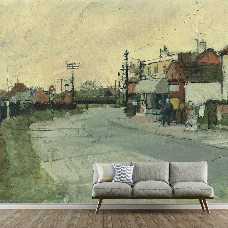 Tranquil Roadside Farmhouses Mural Wallpaper for Bedroom Scenery Painting Wall Art, Optional Size