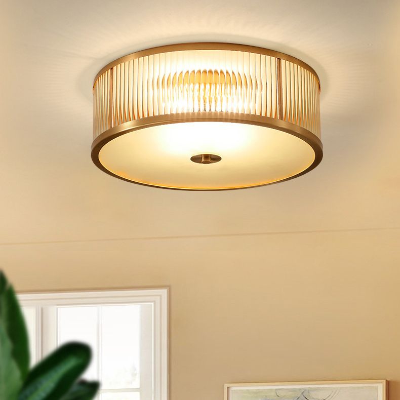 Lampada da soffitto circolare da incasso in vetro rigato Illuminazione coloniale da incasso in oro per camera da letto