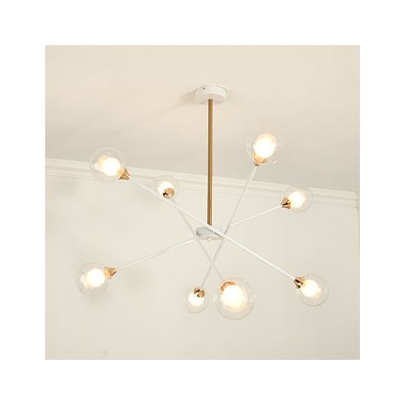 Contemporary White Arm Chandelier Line Metallic Amber//Clear/Silver/Smoke Grey/White Suspension Light with Spherical Shade for Study Room