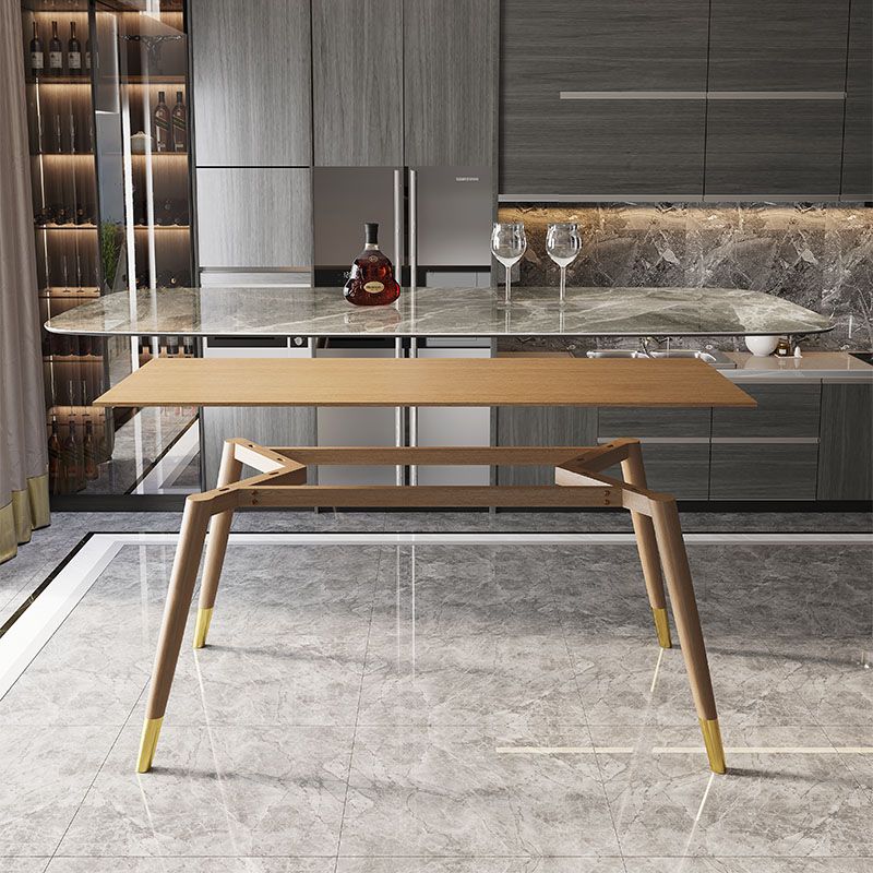 Mesa rectangular contemporánea de madera maciza, mesa superior de piedra sinterizada con patas de madera