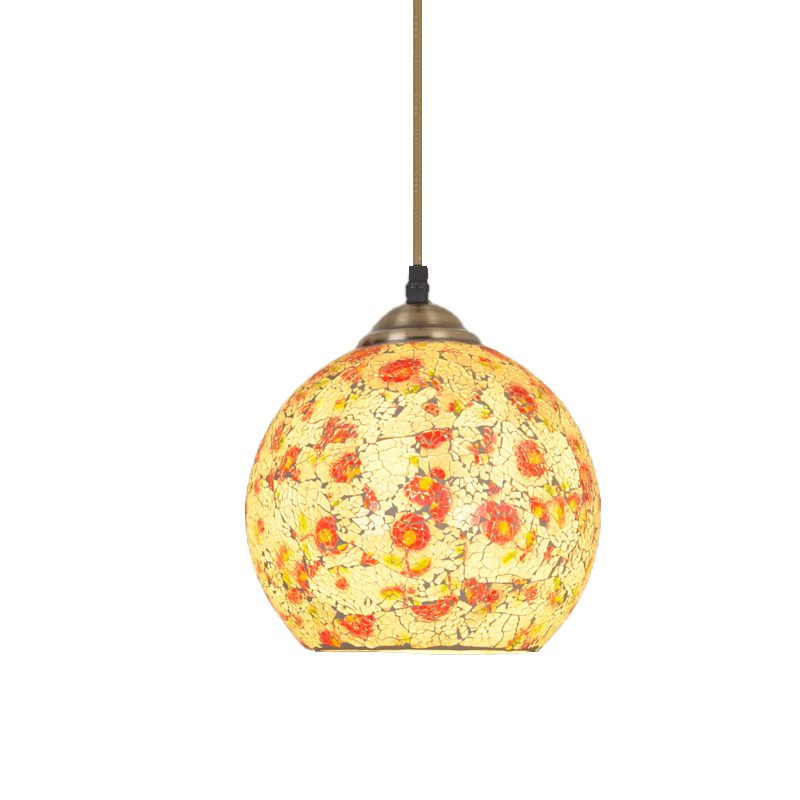 Hemispherical Pendulum Light Tiffany Crackle Printed Glass 1 Head Bronze Ceiling Pendant
