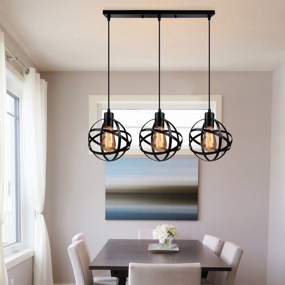3 Lights Spherical Pendant Light Fixture Industrial Black Metal Hanging Light with Wire Guard for Dining Room