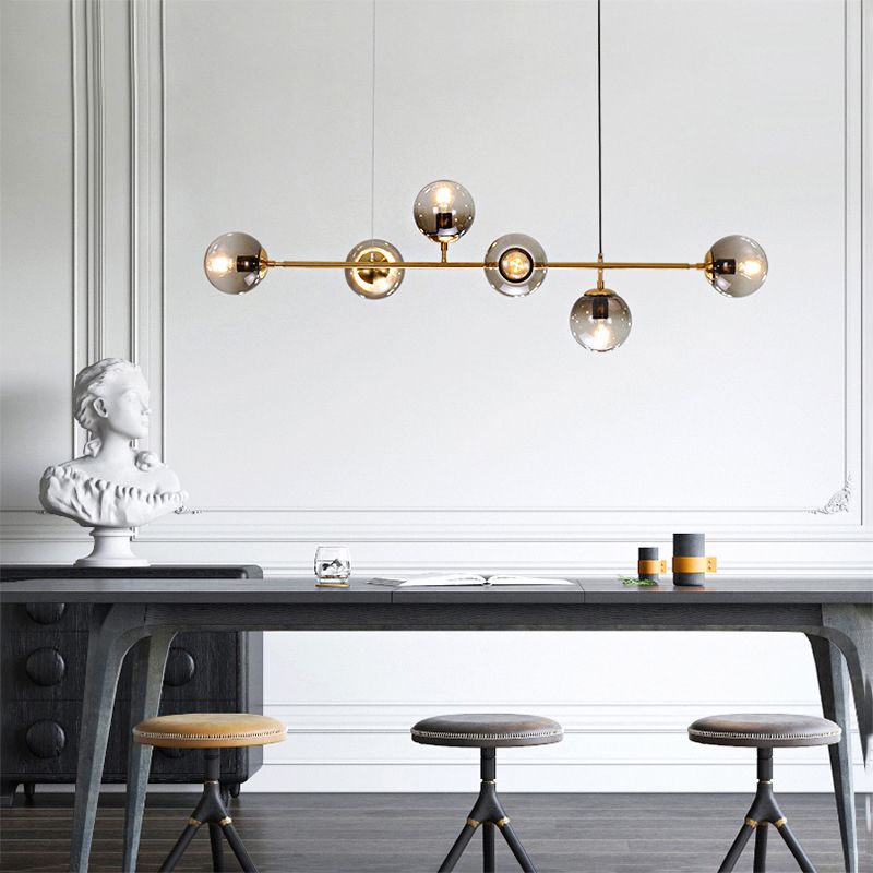 Smoke Grey Glass Globe Pendant Postmodern 6 Bulbs Gold Island Light Fixture for Dining Room