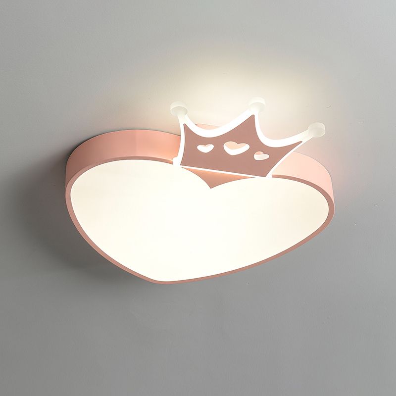 Acrylic Loving Heart Shape Flush Lamp Nordic Style LED Flush Mounted Lighting in Pink/Blue with Crown Decor