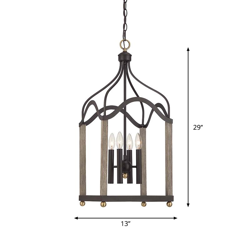 4 Lights Metal Hanging Chandelier Traditional Black Candle-Style Living Room Pendant Light Fixture with Cage