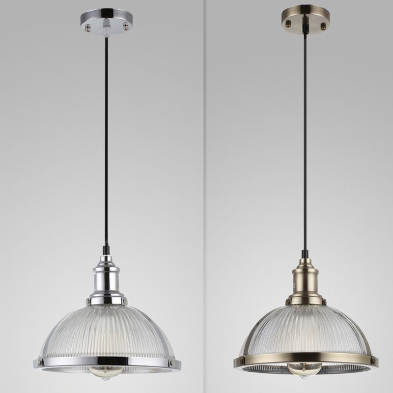 Ribbed Frosted Glass Dome Shade Hanging Light Metal Lamp Holder Bedside Lamp with 59" Adjustable Hanging Cord