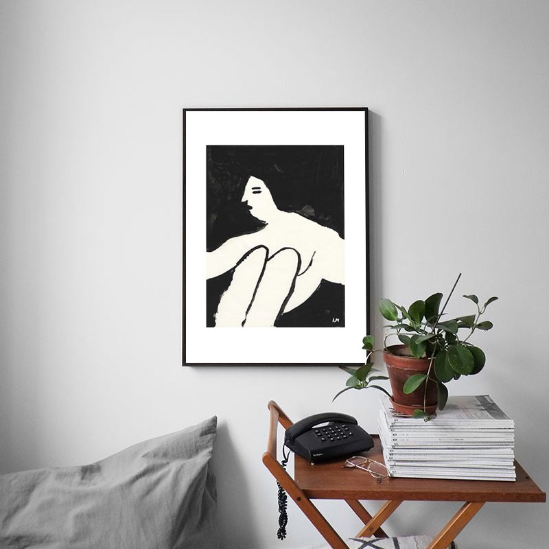 Sitting Maiden Painting Nordic Style Canvas Wall Art Decor in White for Bathroom