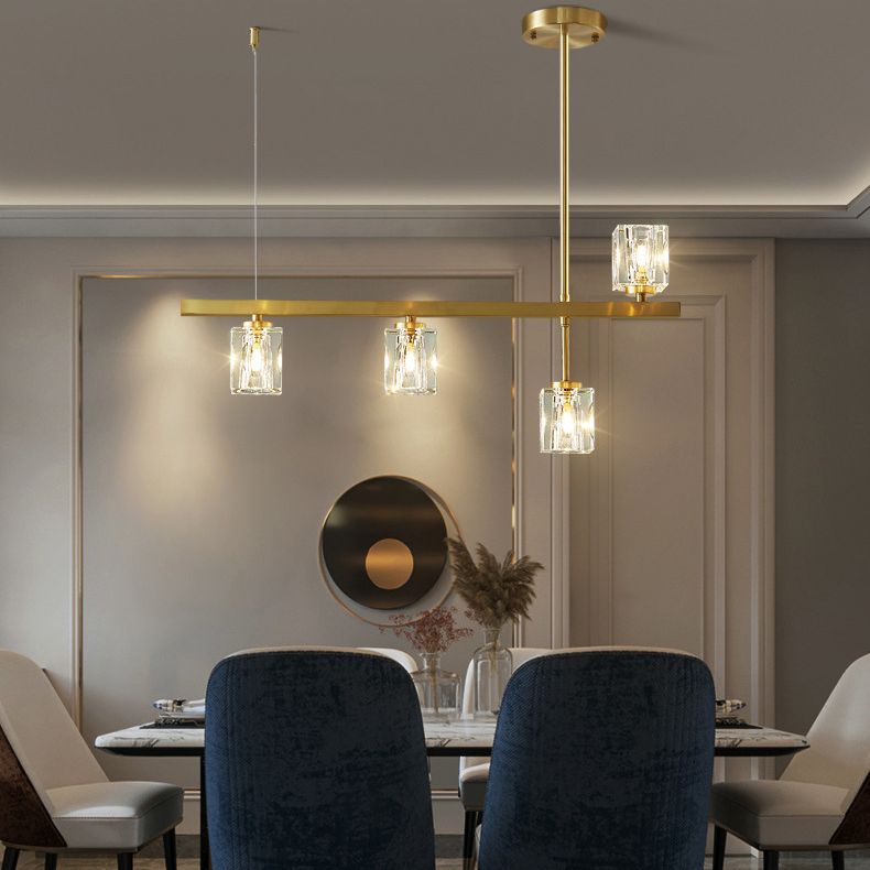 Linear Pendant Lighting Modern Island Lights Crystal Metal 4 Light Island Ceiling Light in Gold