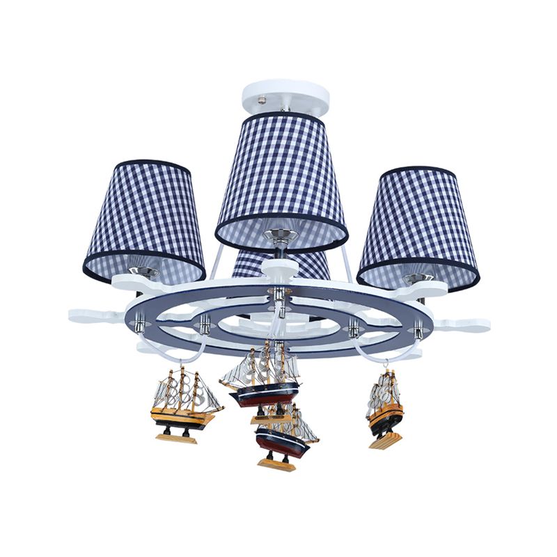 Rudder Chandelier Pendant Light Kids Wooden 4 Heads Blue Hanging Lamp with Boat Decoration