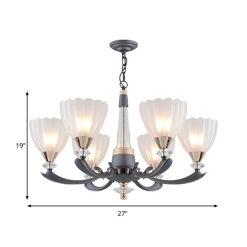 6/8 Bulbs Suspension Pendant with Floral Shade Opal Glass Countryside Guest Room Ceiling Chandelier in Grey