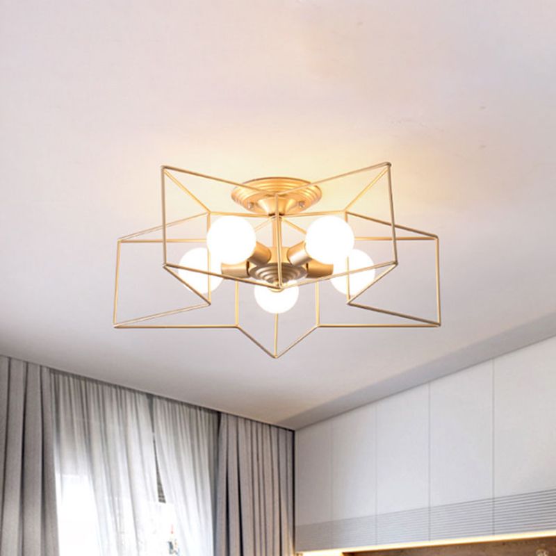 5 Bulbs Semi-Flush Ceiling Fixture with Star Cage Shade Metallic Loft Stylish Indoor Semi Flush Light in Grey/Pink