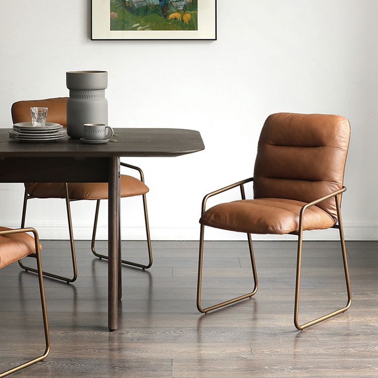 Glam Style Leather Parsons Back Metal Base Home Use Dining Arm Chair