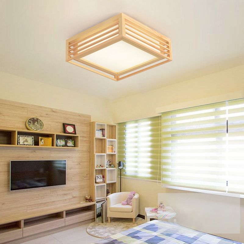 Wood Square Flush Ceiling Light Japanese Flush Mount Lighting Fixture for Bedroom