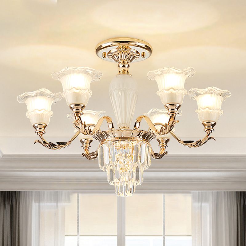 Bellflower Frosted Glass Semi-Flush Light Modern 3/6-Bulb Bedroom Ceiling Mount Chandelier with Crystal Bottom in Gold