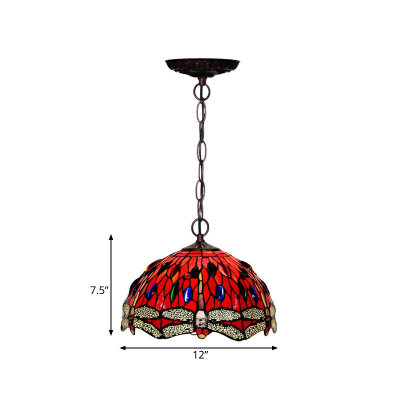 Dragonfly Pendant Lighting Fixture Victorian Red/Green Stained Glass 1 Light Hanging Ceiling Light
