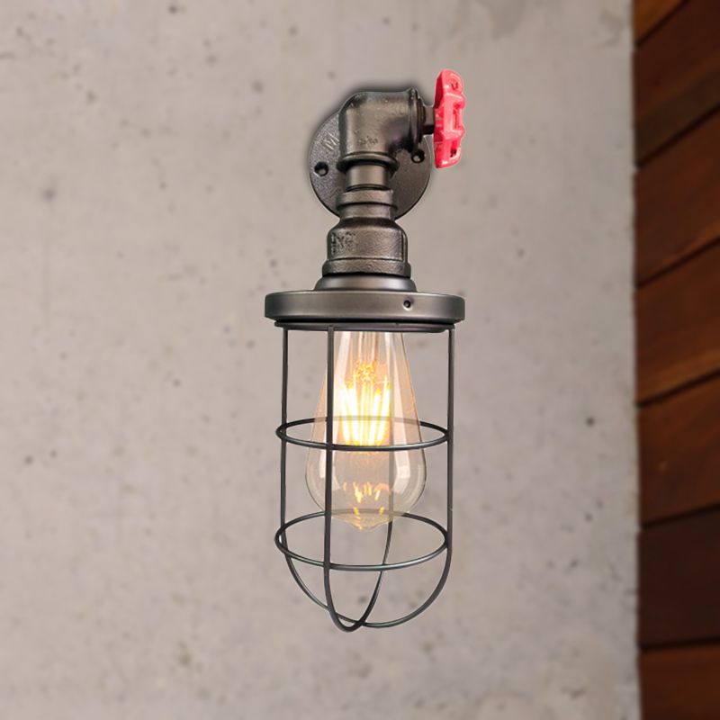 Wire Frame Corridor Wall Sconce Iron 1 Head Farmhouse Wall Lighting Fixture with Red Valve Design in Antique Brass/Black