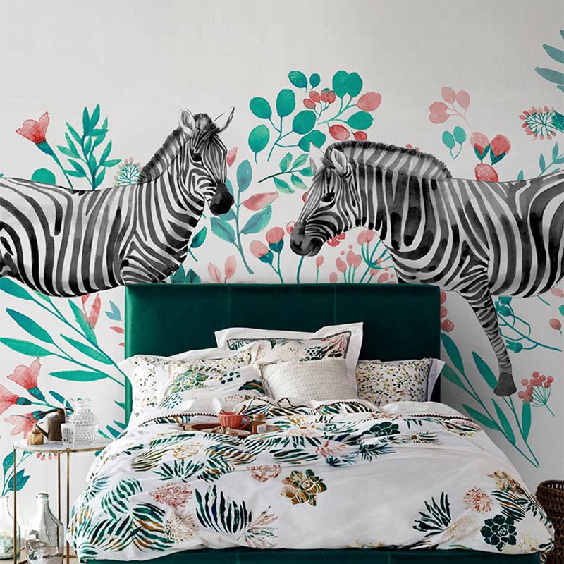 Stylish Zebra Wall Paper Murals Multicolored Flowers Wall Covering on White for Bedroom