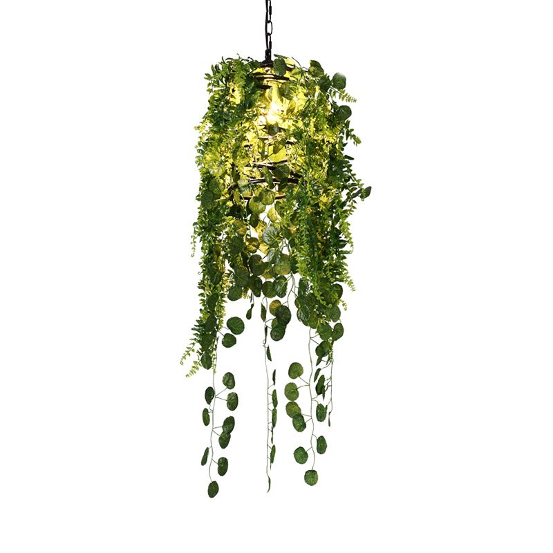 Black Cage Pendant Lighting Fixture Industrial Metal 1 Head Restaurant LED Hanging Ceiling Light with Plant