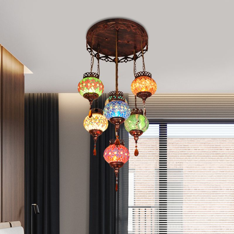 Global Cut Glass Hanging Light Bohemian 7-Head Kitchen Chandelier Lighting Fixture in Copper