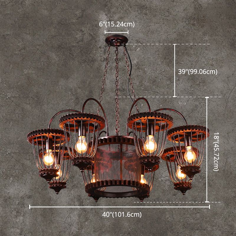 Wrought Iron Large Cage Chandelier Industrial Style Hanging Pendant Light Fixtures in Rust Finish
