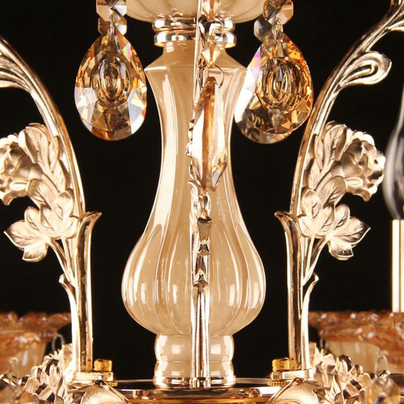 Amber Glass Candle Chandelier Lamp Traditional Living Room Suspension Light in Gold with Crystal Decor