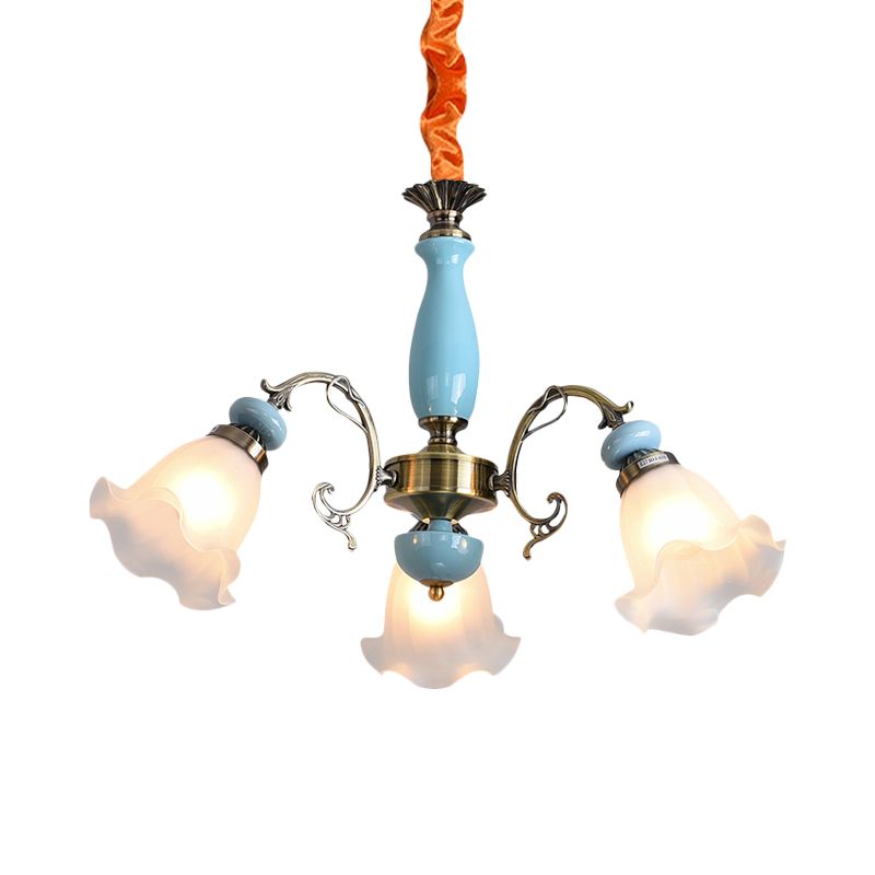 Lampadario a soffitto in vetro di fiori di fiori tradizionale 3/5 teste soggiorno luce a pendolo in azzurro/peltro