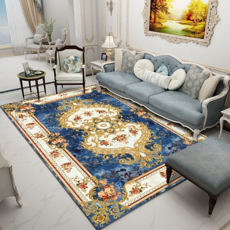 Navy Flower Rug Polyester Extravagant Rug Washable Rug for Living Room