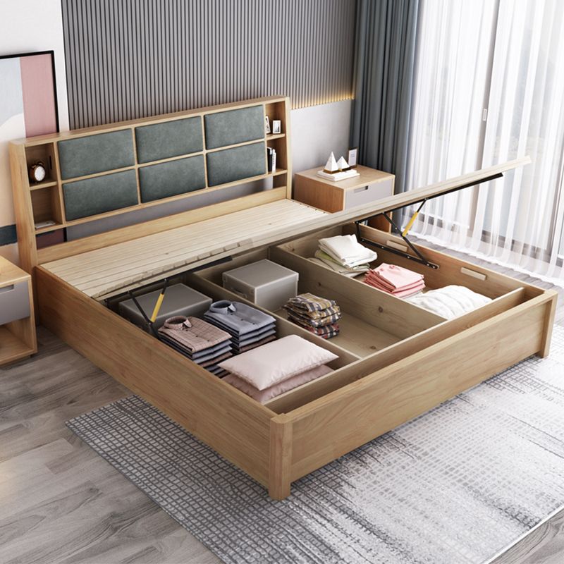 84.65 inch Wide Contemporary Bed Frame Rubberwood Bed with Storage