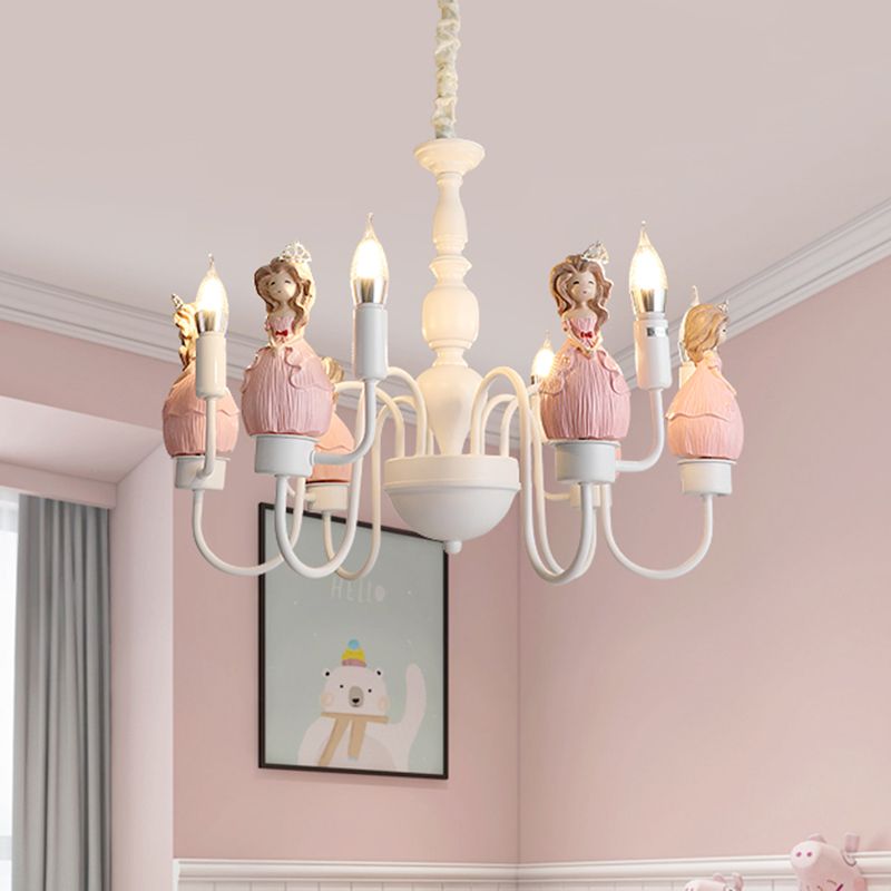 Princess Resin Hanging Light Kit Cartoon 6 Bulbs Pink and White Candle Chandelier Pendant Lamp