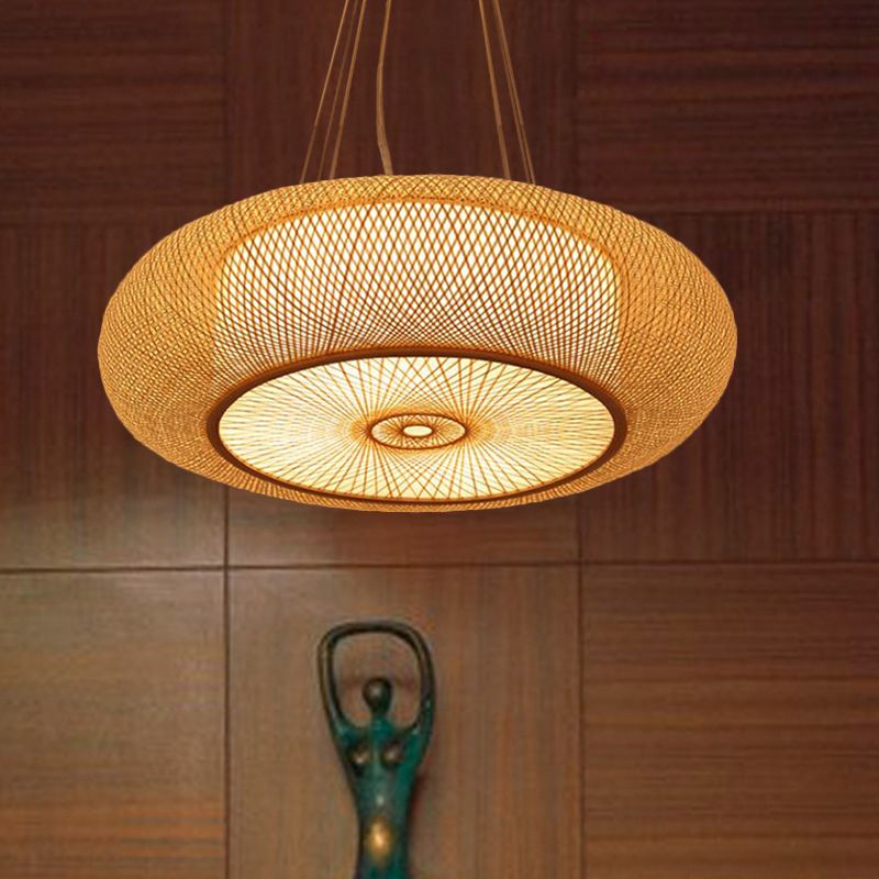 Curved Drum Pendant Lighting Tradition Bamboo 2/3 Bulbs 18"/23.5" Wide Wood Ceiling Hanging Light