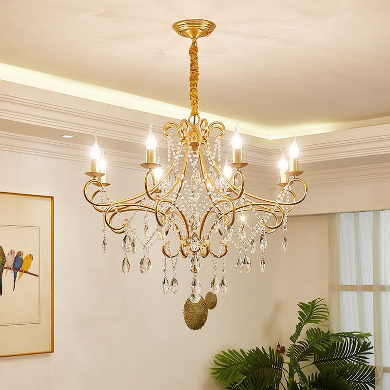 Gold Finish Ceiling Hang Light Vintage Metal Candlestick Chandelier with Crystal Strand