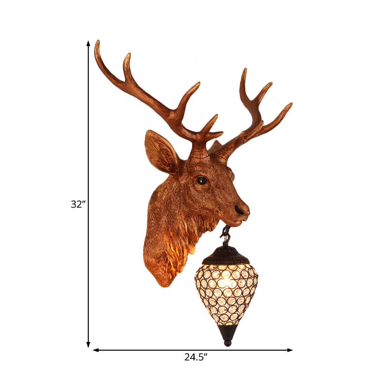 Teardrop Beveled Crystal Wall Lighting Country 15"/20.5"/24.5" Wide 1 Head Bedroom Sconce Lamp with Deer Head in White/Yellow/Gold