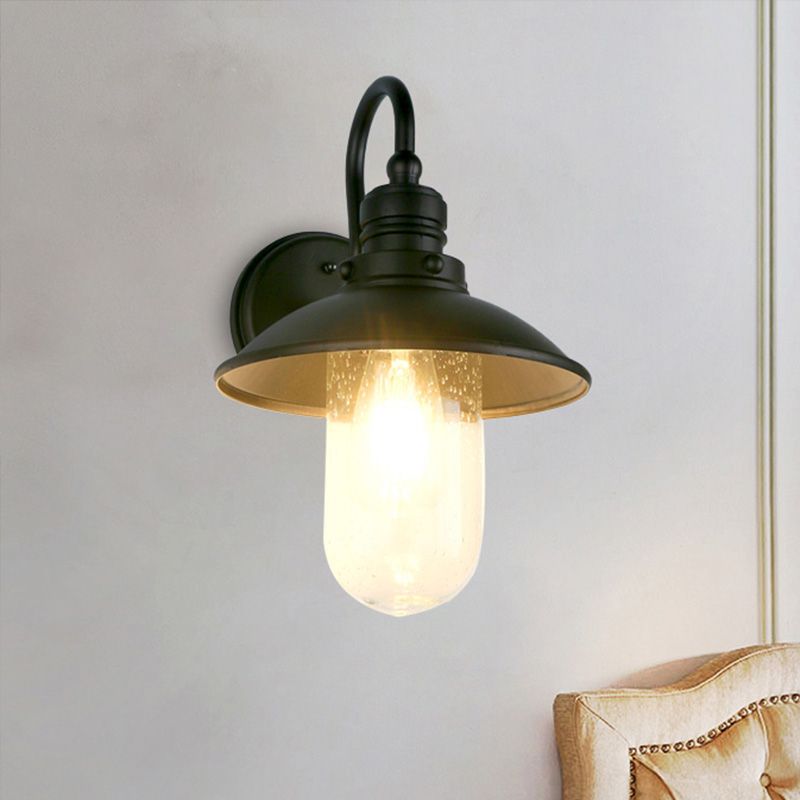 One Bulb Wall Sconce Lighting Cone/Flared Shade Bubbled/Opal Glass Industrial Entry Light Fixture in Black