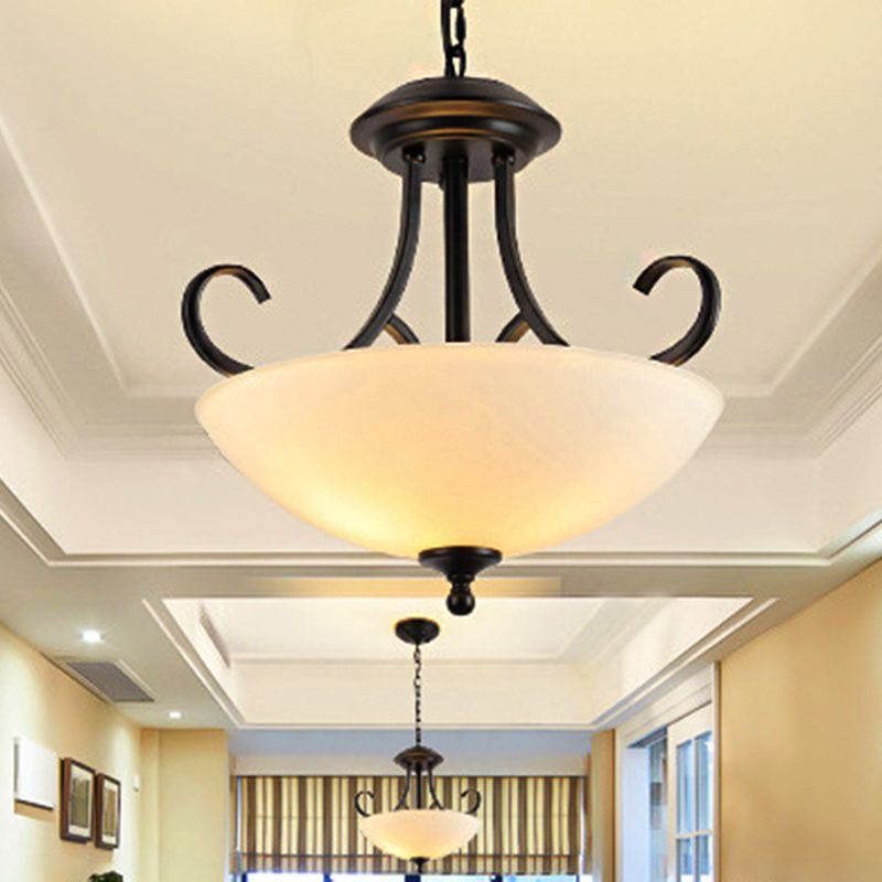 3 Bulbs Bowl Chandelier Light Traditional Black Frosted Glass Hanging Ceiling Fixture
