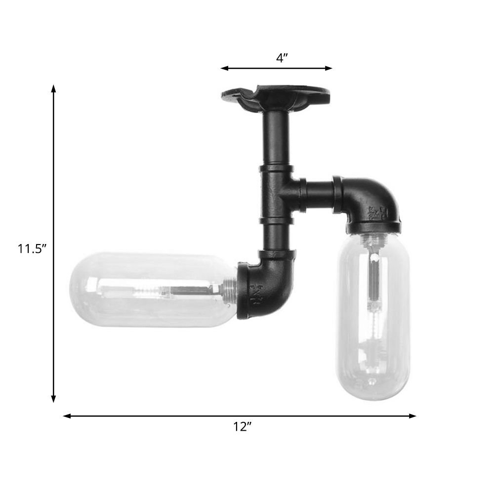 Lampada da soffitto per interni con paralume a capsula nero opaco vintage a 2 luci in vetro trasparente con montaggio a semicerchio e design a tubo
