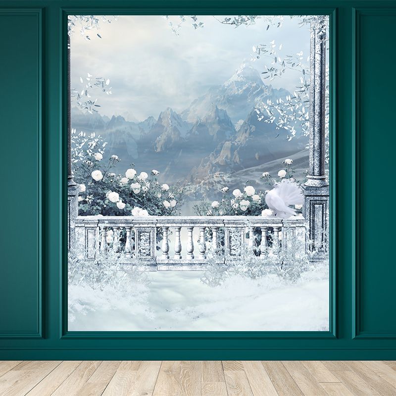 Huge Winter Mountain Mural for Bedroom Botanical Wall Art in White, Stain Resistant