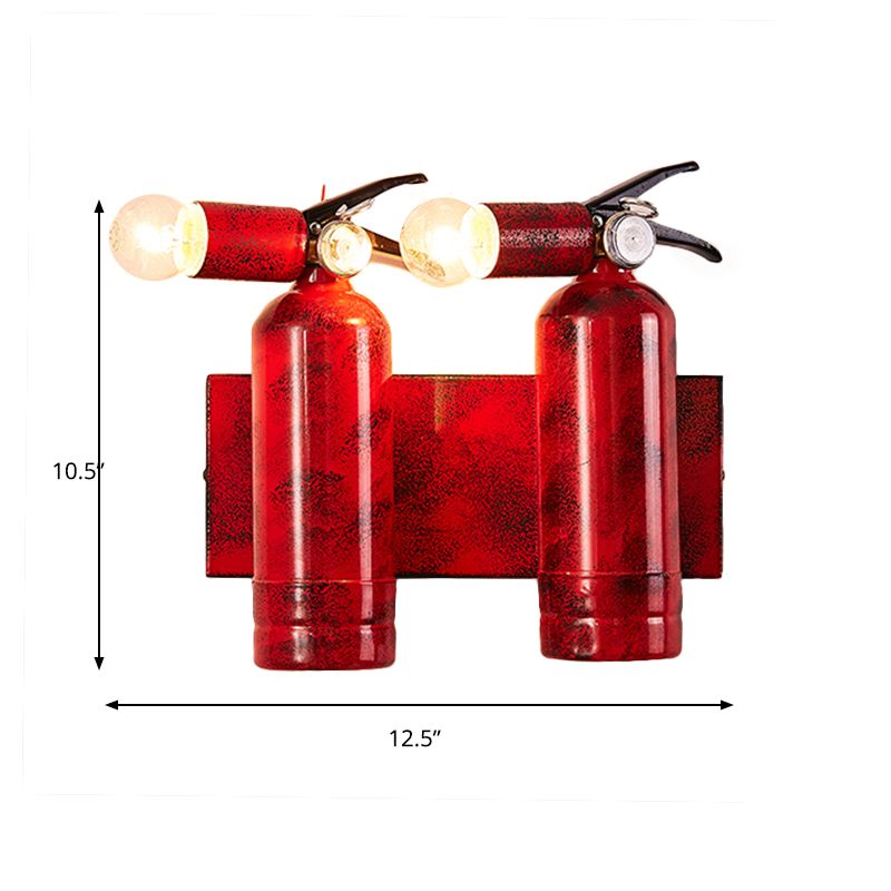2 Lights Fire Extinguisher Sconce Lamp Rustic Loft Metal Wall Lighting for Kitchen in Red