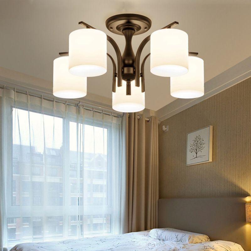 Semi Flush Mount Chandelier Country Living Room Ceiling Light with Cylindrical Milk Glass Shade in Black