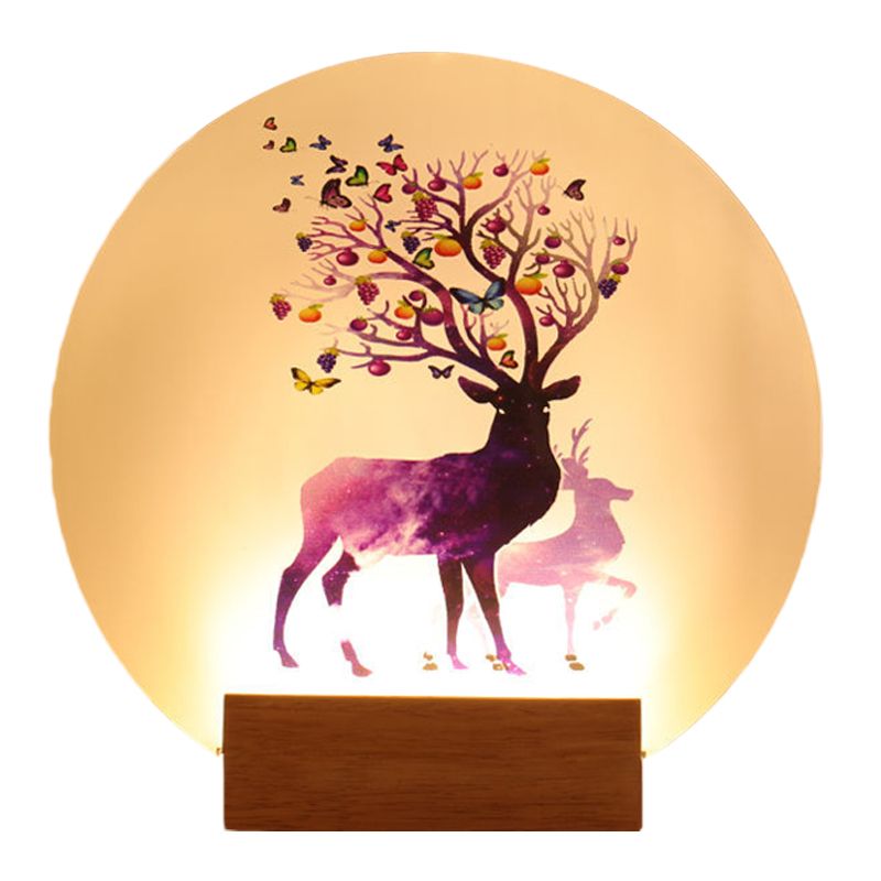Acrylic Circular Elk Patterned Wall Light Fixture Chinese Style LED Wood Mural Lamp for Bedroom