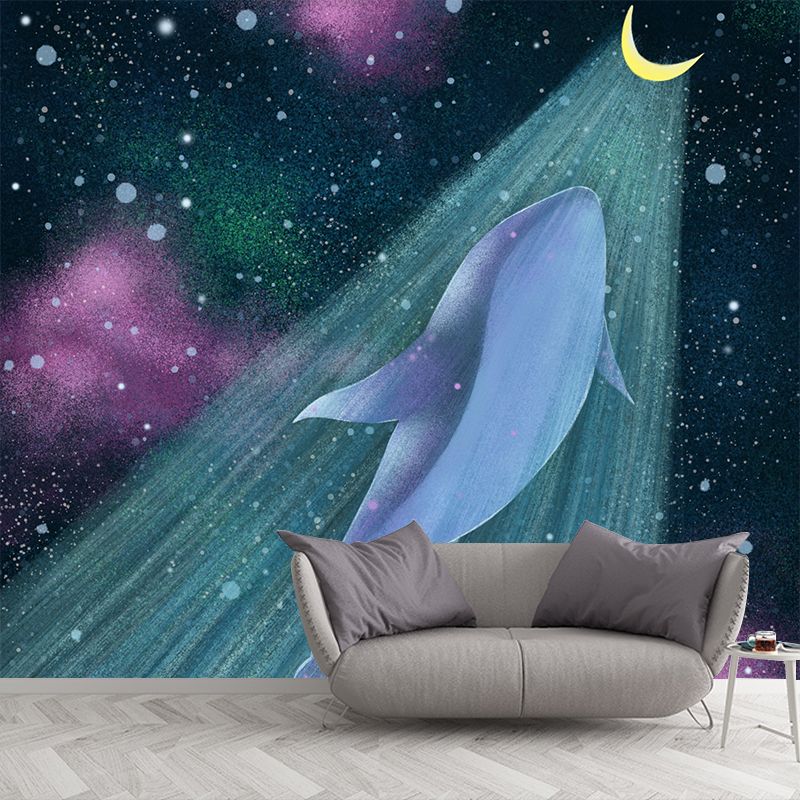 Cartoon Girls Mural Wallpaper with Whale Flying to the Moon Pattern Yellow-Blue Wall Covering