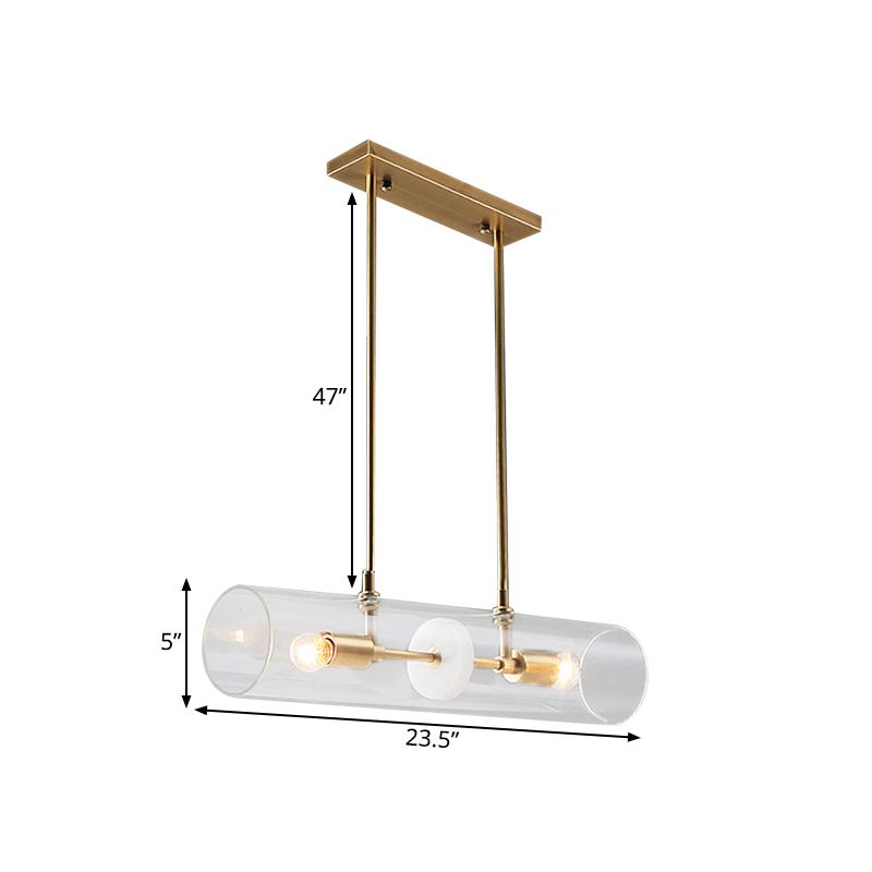 Clear Glass Horizontal Tube Island Pendant Minimalist 2 Heads Brass Finish Suspended Lighting Fixture
