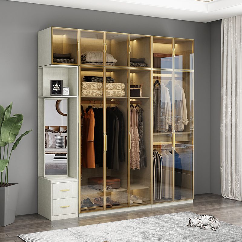 Modern Wardrobe Armoire Engineered Wood and Glass Wardrobe Closet