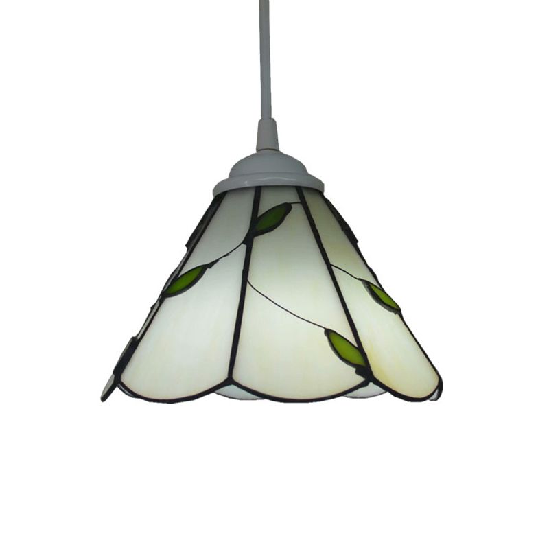 White Glass Cone Hanging Light Kit Mission 1 Light Bronze Leaf Patterned Pendant Lamp with Scalloped Trim
