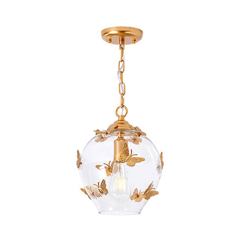 Contemporary Bud Drop Pendant Light Clear Glass 1-Light Bedroom Suspension Lamp with Butterfly Deco