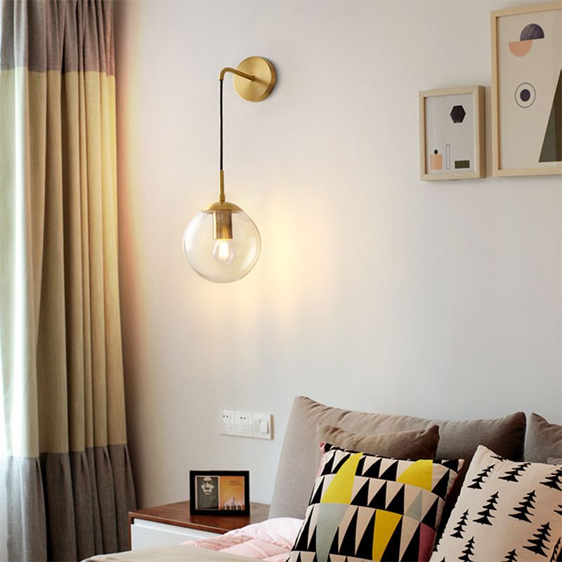 Industrial Style Ball Shape Wall Sconce Glass 1 Light Sconces in Gold for Bedroom