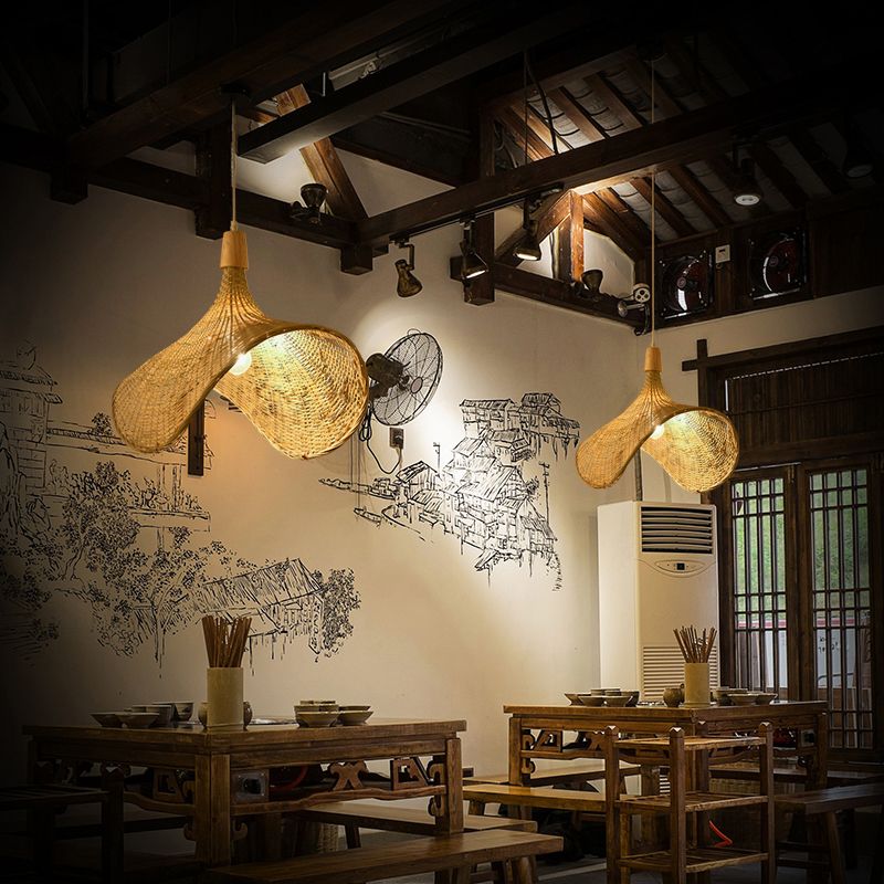 Wood Woven Suspension Lighting Simplicity 1-Light Bamboo Pendant Light for Tea Room