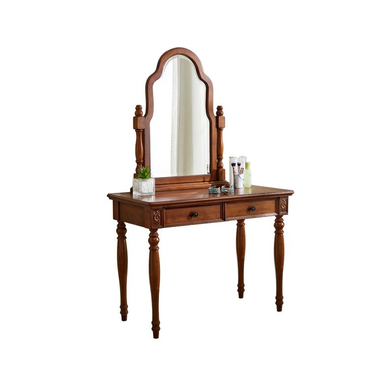 Traditional 2 Drawers Wood Mirrored Makeup Table Desk Vanity in Brown