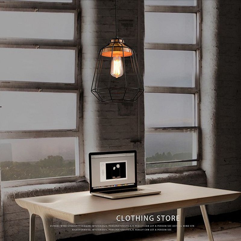 Wrought Iron Black Hanging Light in Industrial Vintage Style Wooden Single Pendant Light with Iron Frame