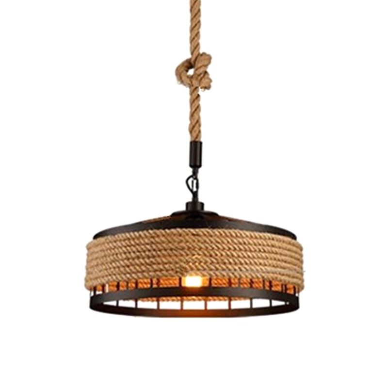 Industrial-Style Drum Pendant Lighting Fixture Rope Hanging Pendant Light in Beige