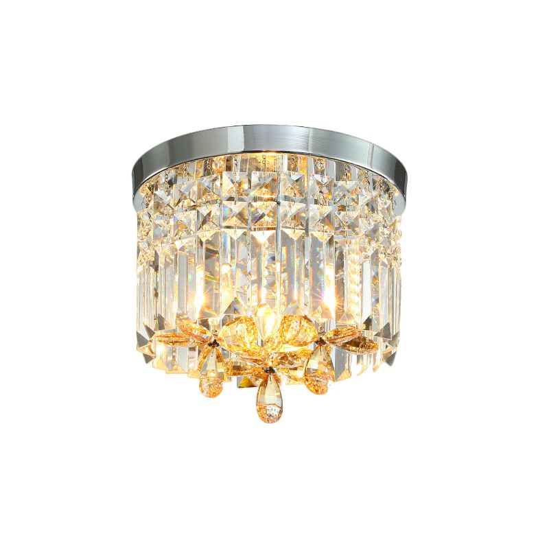 10"/15.5" Wide Chrome Cylinder Flush Light Modern Crystal Prisms LED Close to Ceiling Lighting Fixture for Doorway